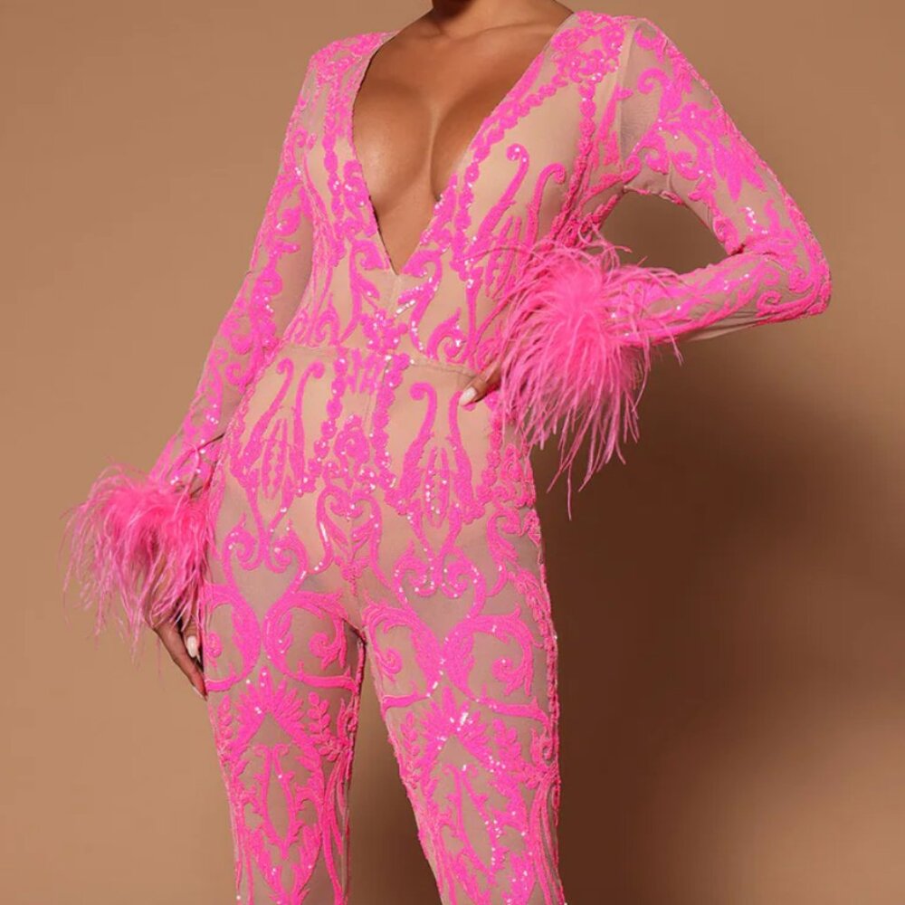 Fashion Nova Feather Sequin Jumpsuit